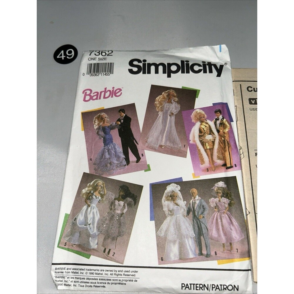 Simplicity 7362 UNCUT Barbie Doll Clothes Sewing Pattern 1990 Wedding Evening